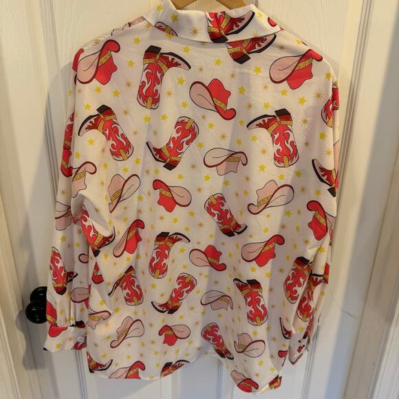 Vintage Nylon Apparel Shirt Womens Medium White/Pink Western Boot Button Up 90s - Picture 7 of 8